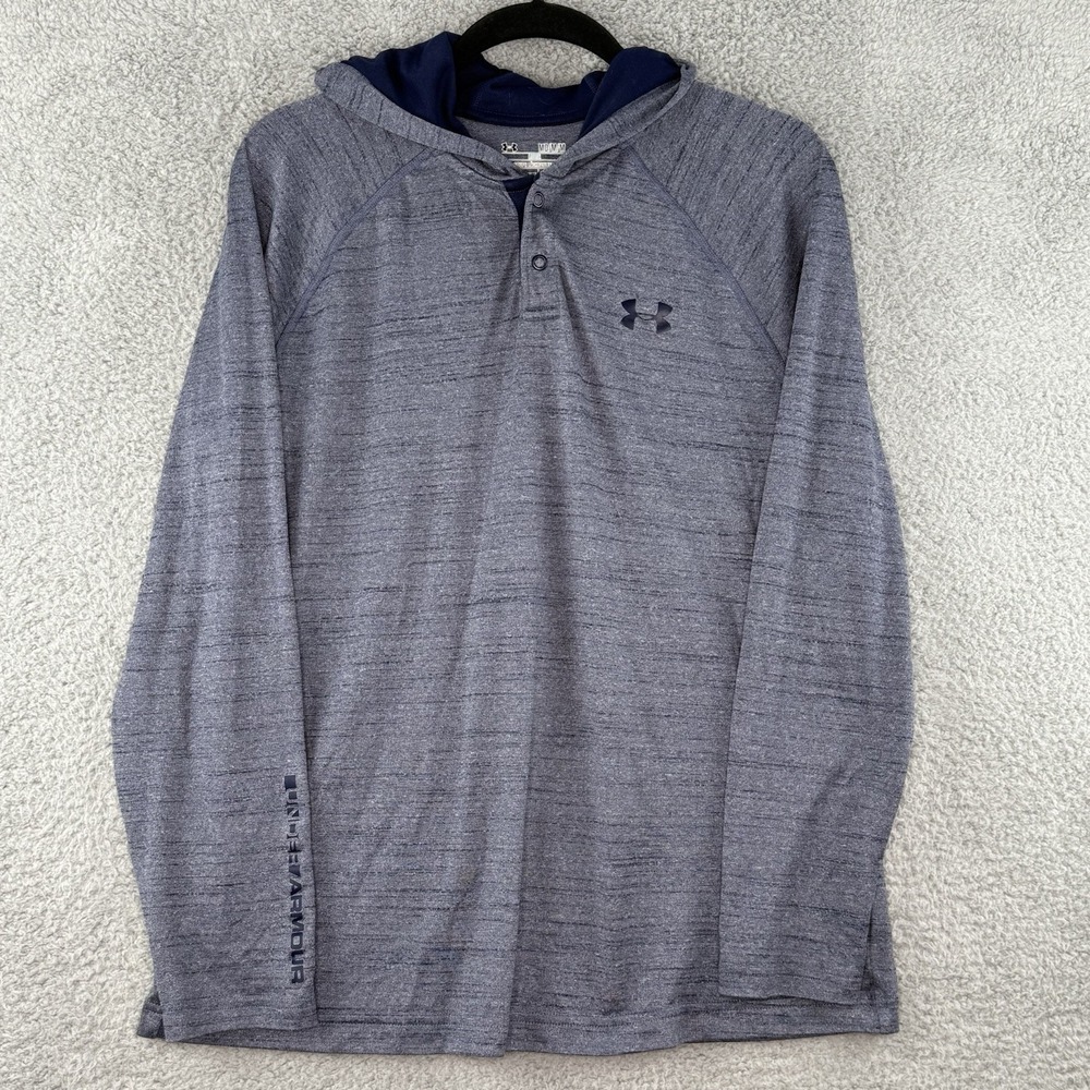 Under Armour Loose Heat Gear Men's M Blue Long Sleeve Hooded Pullover Snap Shirt